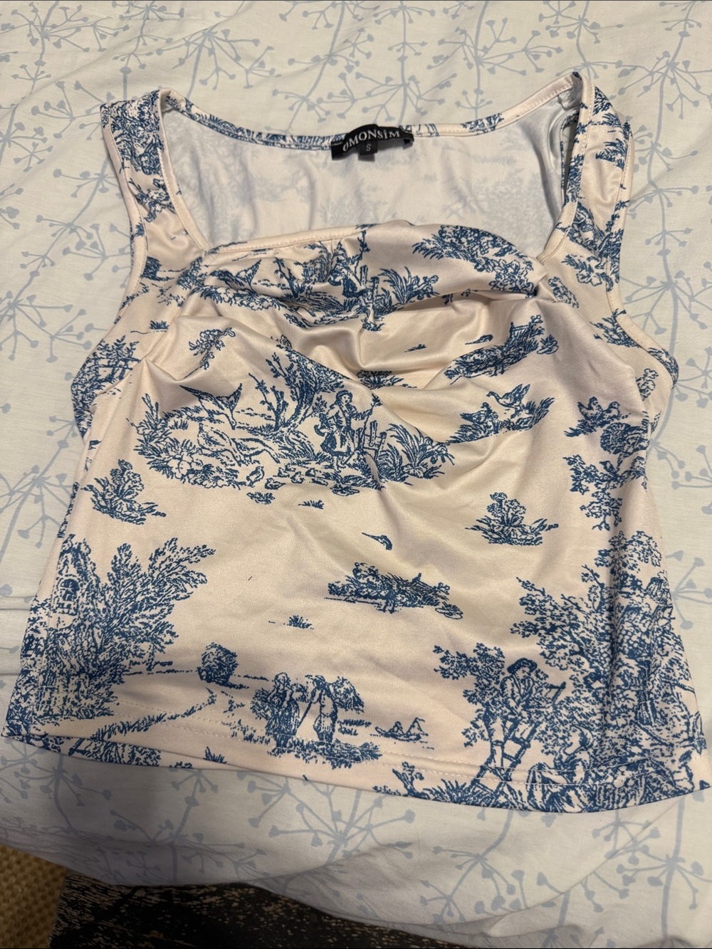 Ivory Cowl-Neck Toile Print Camisole in Navy
